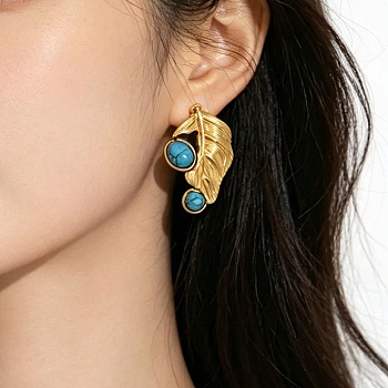 304 Stainless Steel Stud Earrings for Women, with Turquoise, Leaf, Golden, 33x21.5mm