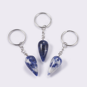 Natural Sodalite Keychain, with Iron Key Rings, Platinum, teardrop, 80.5mm, Pendant: 33.5x15.5mm