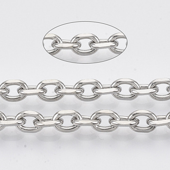 304 Stainless Steel Cable Chains, Diamond Cut Chains, Unwelded, Faceted, with Spool, Oval, Stainless Steel Color, 6x4x1mm, about 65.61 Feet(20m)/roll