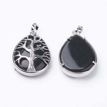Natural Black Agate Pendants, with Brass Findings, teardrop, Dyed, Platinum, 39x26x7~9mm, Hole: 5x7mm