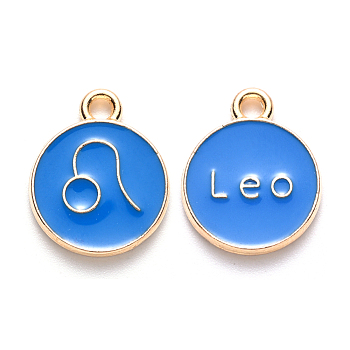 Alloy Enamel Pendants, Cadmium Free & Lead Free, Flat Round with Constellation, Light Gold, Dodger Blue, Leo, 15x12x2mm, Hole: 1.5mm