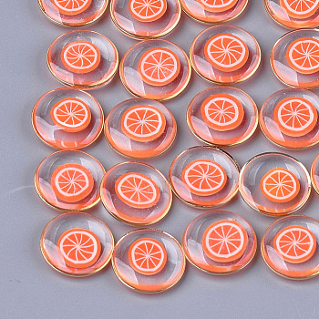 Epoxy Resin Cabochons, with Polymer Clay Inside and Brass Findings, Flat Round with Orange Pattern, Light Gold, Light Salmon, 18x5mm