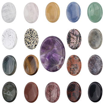 19Pcs 19 Styles Oval Natural Gemstone Worry Stone, Thumb Stone Massager for Anxiety Relief, 45~45.5x34~35x7~8.5mm, 1pc/style