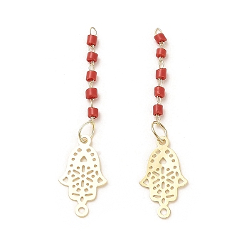 Rack Plating Brass Pendants, with Glass Seed Beads, Real 18K Gold Plated, Hamsa Hand, FireBrick, 33.5mm, Hole: 1mm