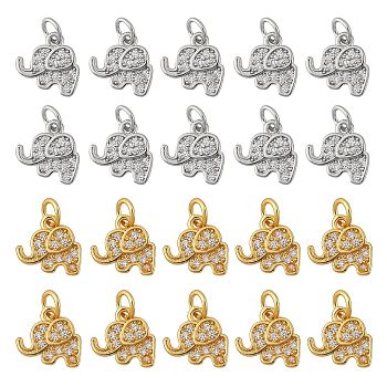 20Pcs Brass Micro Pave Cubic Zirconia Charms, Elephant, Clear, Mixed Color, 10x11x2mm, Hole: 3mm, 10pcs/color