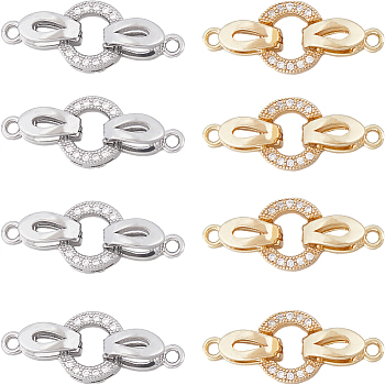 8Pcs 2 Colors Brass Micro Pave Clear Cubic Zirconia Fold Over Clasps, Oval, Mixed Color, Oval: 9.5x8.5x3mm, Clasp: 11x4x5mm, Hole: 1.2mm, 4pcs/color