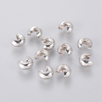 Brass Crimp Beads Covers, Nickel Free, Ringent Round, Platinum Color, About 4mm In Diameter, 3mm Thick, Hole: 1.5mm