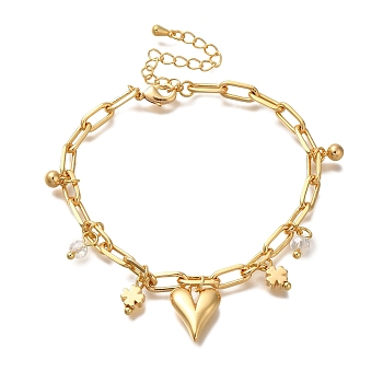 Heart & Clover Brass Charm Bracelets, with Glass Beads, Real 18K Gold Plated, 6-3/4 inch(17.3cm)