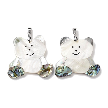 Natural Paua Shell & Black Lip Shell & White Shell Pendants, Bear Charms with Stainless Steel Color Tone Stainless Steel Snap on Bails, 46x48x4mm, Hole: 6x4mm