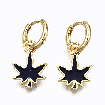Brass Enamel Huggie Hoop Earrings, Nickel Free, Real 16K Gold Plated, Maple Leaf, Dark Blue, 27x13mm, Pin: 1mm