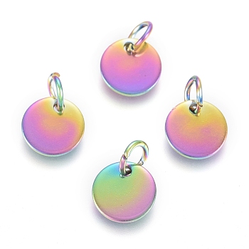 Ion Plating(IP) 304 Stainless Steel Charms, with Jump Rings, Blank Stamping Tag, Flat Round, Rainbow Color, 8x0.7mm, Hole: 3.5mm