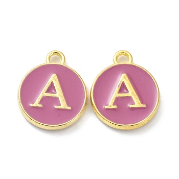 Golden Plated Alloy Enamel Charms, Cadmium Free & Lead Free, Enamelled Sequins, Flamingo, Flat Round with Letter, Letter.A, 14x12x2mm, Hole: 1.4mm