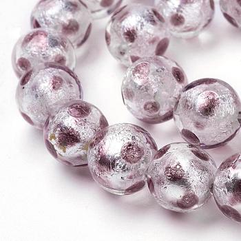 Handmade Silver Foil Lampwork Beads Strands, Round, Polka Dot Pattern, Rosy Brown, 12mm, Hole: 1mm, 25pcs/strand, 11.2 inch