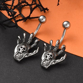 Skull Devil Hand 316 Surgical Stainless Steel Belly Button Rings, Piercing Navel Rings, Curved Barbell Body Jewelry for Women, Antique Silver, 31x15mm