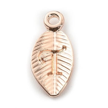 Alloy Pendants, Leaf with Letter Charm, Rose Gold, Letter.T, 15.5x7.5x2.5mm, Hole: 1.5mm