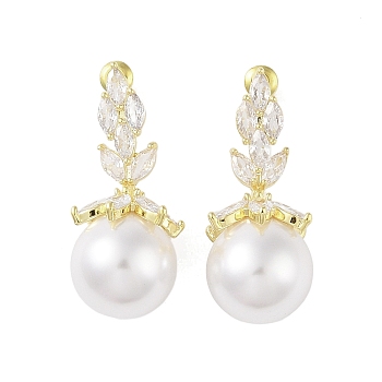 Brass with Resin Imitation Pearl Stud Earrings, with Micro Pave Cubic Zirconia, Flower, Golden, 38.5x17mm