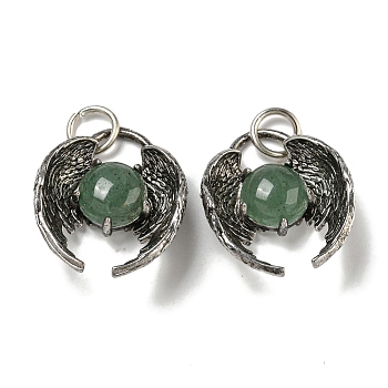 Bat Natural Green Aventurine Pendants, Rack Plating Brass Halloween Charms, Cadmium Free & Lead Free, Antique Silver, 27x22x9.5mm, Hole: 6mm