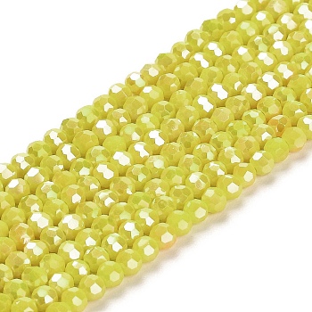 Opaque Glass Beads Stands, AB Color, Faceted(32 Facets), Round, Yellow, 3.5x3mm, Hole: 1mm, about 163~166pcs/strand, 50~51cm