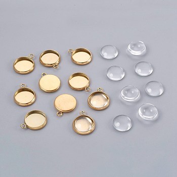 DIY Pendant Making, 304 Stainless Steel Pendant Cabochon Settings and Glass Cabochons, Half Round, Clear, Golden, 9.5~10x3.5mm