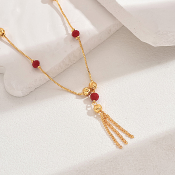 Fashionable Real 18K Gold Plated Brass Tassel Pendant Box Chain Necklaces for Women, Red, 18.90 inch(48cm)