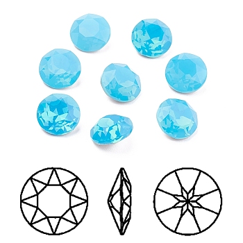 Pointed Back & Back Plated K9 Glass Rhinestone Cabochons, Grade A, Faceted, Flat Round, Caribbean Blue Opal, 8x4.5mm