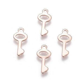 201 Stainless Steel Charms, Key, Rose Gold, 16x7x0.8mm, Hole: 1.2mm