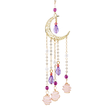 1Pc Natural Rose Quartz Pendant Decorations, Hanging Sun Catchers, with Round & Teardrop Acrylic Beads and Alloy Moon Charm, for Car Home Decoration, Golden, 245mm