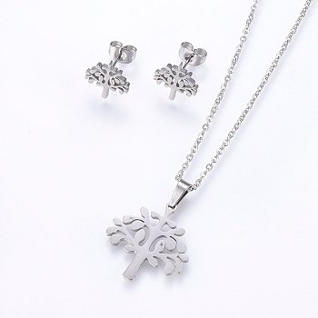304 Stainless Steel Jewelry Sets, Stud Earrings and Pendant Necklaces, Tree, Stainless Steel Color, Necklace: 17.7 inch(45cm), Stud Earrings: 11x10.5x1.2mm, Pin: 0.8mm