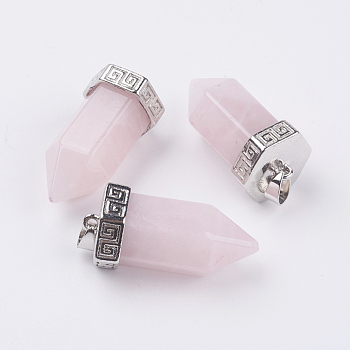 Natural Rose Quartz Pointed Pendants, with Brass Finding, Bullet, Platinum, 39x18mm, Hole: 4.5x5.5mm
