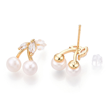 Natural Pearl Stud Earrings with Cubic Zirconia, Brass Cherry
 Earrings with 925 Sterling Silver Pins, Cadmium Free & Nickel Free & Lead Free, Real 18K Gold Plated, 13x12mm, Pin: 0.8mm