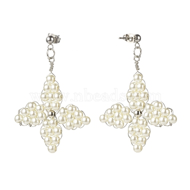 Glass Pearl Braided Star Stud Earrings(EJEW-JE04982-01)-3