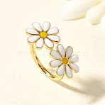 Brass Enamel Cuff Rings for Women, Daisy, Rack Plating, Long-Lasting Plated, Lead Free and Cadmium Free, Real 18K Gold Plated, White, Inner Diameter: 17mm(RJEW-Q008-14G-02)
