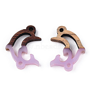 Opaque Resin & Walnut Wood Connector Charms, Dolphin Links, Plum, 14x18.5x3mm, Hole: 1.5mm(RESI-N039-46G)