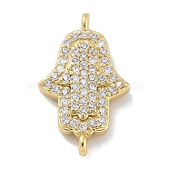 Rack Plating Brass Micro Pave Clear Cubic Zirconia Religion Hamsa Hand Connector Charms, Long-Lasting Plated, Lead Free & Cadmium Free, Real 18K Gold Plated, 17.5x10.5x3mm, Hole: 1mm(KK-A23410-053G)