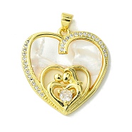 Mother's Day Real 18K Gold Plated Brass Micro Pave Clear Cubic Zirconia Pendants, with Shell, Real 18K Gold Plated, Heart, 28.5x27.5x6.5mm, Hole: 3.5x4.5mm(KK-H472-13G-02)