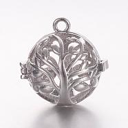 Brass Cage Pendants, For Chime Ball Pendant Necklaces Making, Hollow Round with Tree of Life, Platinum, 17x17.5x15mm, Hole: 1mm; Inner Diameter: 11.5mm(KK-K173-03P)