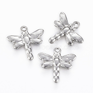 201 Stainless Steel Charms, Dragonfly, Stainless Steel Color, 15x16x2.5mm, Hole: 1.2mm(STAS-H420-20P)