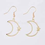 Alloy Dangle Earrings, with Brass Real 18K Gold Plated Earring Hooks, Moon and Star, 41.5mm, Pin: 0.7mm(X-EJEW-JE04028-01)