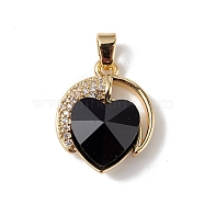 Real 18K Gold Plated Rack Plating Brass Micro Pave Clear Cubic Zirconia Pendants, with Glass, Long-Lasting Plated, Cadmium Free & Lead Free, Heart Charm, Black, 21x17.5x8mm, Hole: 5x3mm(KK-C015-20G-09)