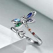 Dragonfly & Heart Zinc Alloy Rhinestone Cuff Rings, Platinum, Inner Diameter: 16~19mm(FS-WG5D6C4-01)