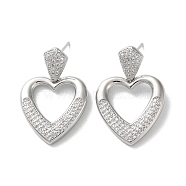 Brass Pave Cubic Zirconia Stud Earrings, Heart with Hollow Heart, Platinum, 30.5x20mm(EJEW-M258-07P)