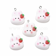 Resin Pendants, with Platinum Iron Findings, Cute, Rabbit with Strawberry, White, 23.5x20.5x7.5mm, Hole: 2mm(X-RESI-M026-09)