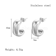 304 Stainless Steel Stud Earrings, Rectangle Half Hoop Earrings, Stainless Steel Color, 16x7mm(WI7669-2)