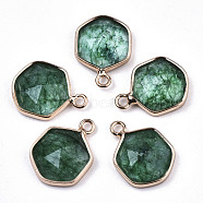 Glass Charms, with Light Gold Tone Brass Findings, Hexagon, Faceted, Sea Green, 15x11x4.5mm, Hole: 1.5mm(GLAA-N040-003D)