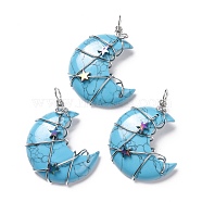 Synthetic Turquoise Pendants, with Platinum Tone Brass Wire Wrapped and Hematite Star Beads, Cadmium Free & Lead Free, Moon, 45.5~47x32.5~33.5x11~12mm, Hole: 5mm(G-B023-01P-06)