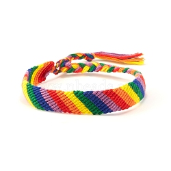 Rainbow Pride Flag Polyester Woven Braided Cord Bracelet, Adjustable Bracelets, Colorful, 6-1/4~12-5/8 inch(16~32cm)(PW-WG85989-05)