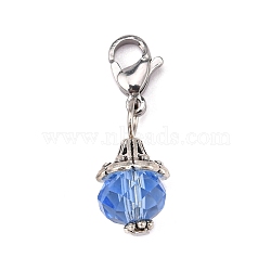 Glass Pendants, with 304 Stainless Steel Lobster Claw Clasps and Alloy Findings, Light Sky Blue, 30mm, Beads: 10mm, Clasps: 12x7x3.5mm.(HJEW-PH01287-09)