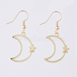 Alloy Dangle Earrings, with Brass Real 18K Gold Plated Earring Hooks, Moon and Star, 41.5mm, Pin: 0.7mm(X-EJEW-JE04028-01)