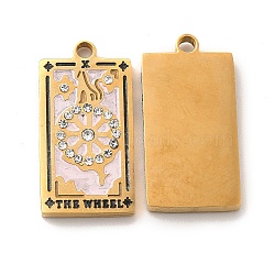 304 Stainless Steel Pendants, with Enamel and Rhinestone, Golden, Rectangle with Tarot Pattern, The Wheel of Fortune X, Pink, 21x10.5x2mm, Hole: 1.5mm(STAS-M310-01G-06)