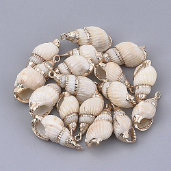 Electroplate Spiral Shell Pendants, with Iron Findings, Golden, Seashell Color, 19~29x9~13x8~10mm, Hole: 1.6mm(X-SSHEL-T009-23)